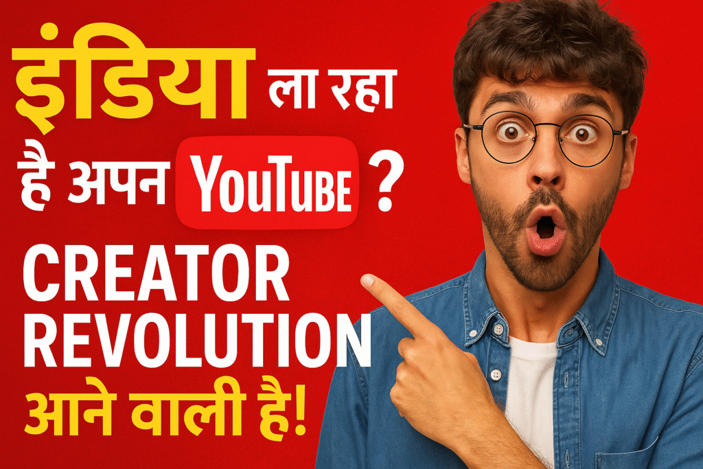 Ek surprised guy right side point kar raha hai, red background par likha hai — “India la raha hai apna YouTube? Creator Revolution aane wali hai!”